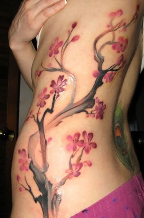 Left Rib Side Cherry Blosoom Tattoos For Girls